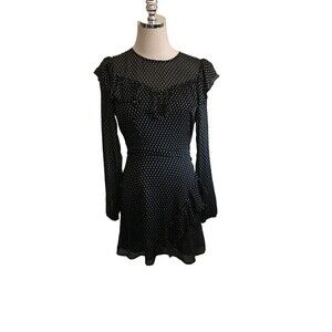 Avec Les Filles Mini Dress Women's Size 12 Black White Spots Long Sleeve Ruffley